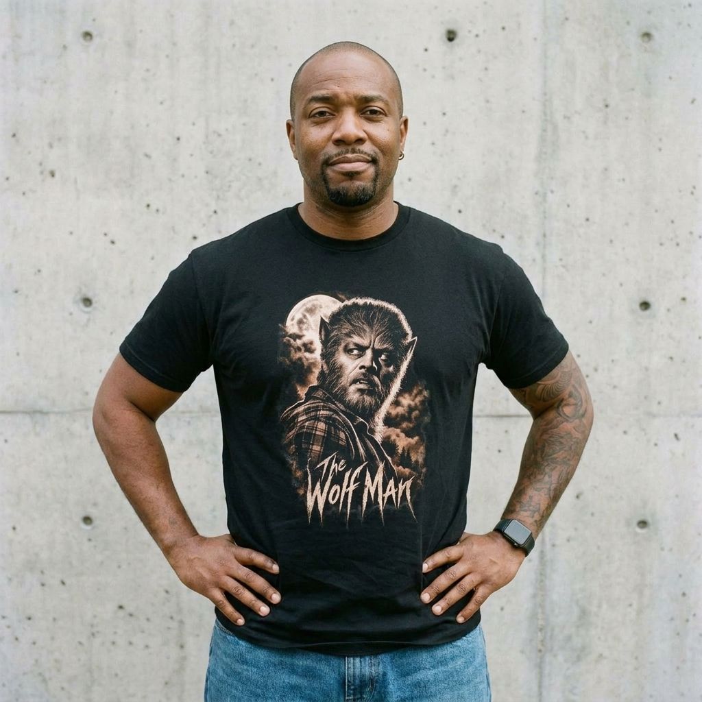 Model wearing Wolf Man Graphic Tee against a cement wall