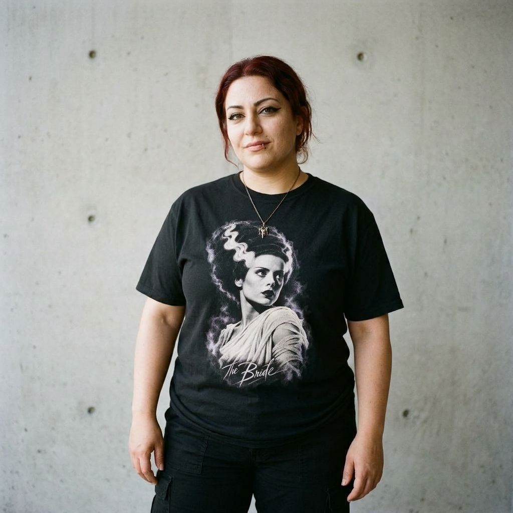 Model wearing Bride of Frankenstein Portrait Tee against a cement wall