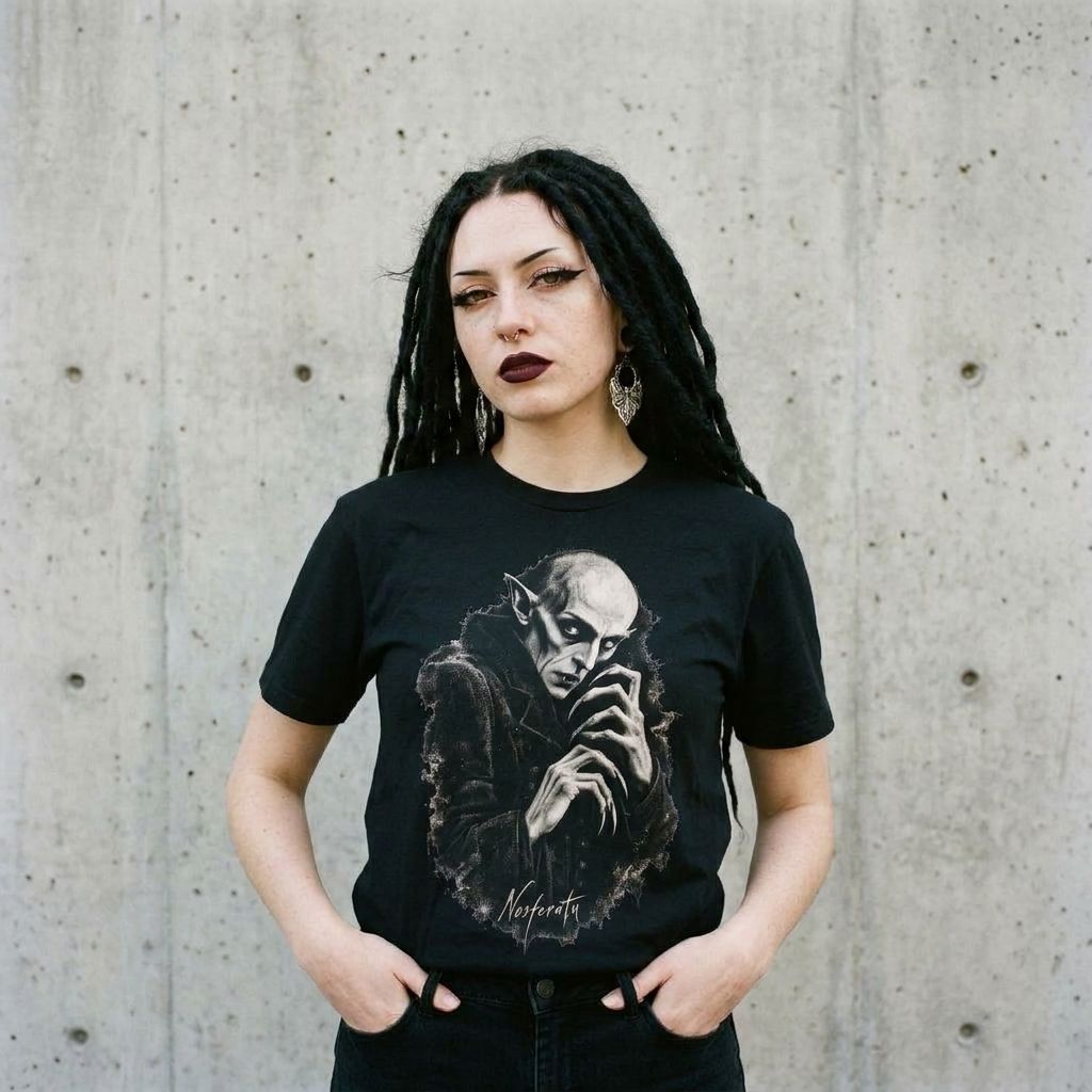 Model wearing Nosferatu Count Orlok Tee – Vintage Vampire Horror Art against a cement wall