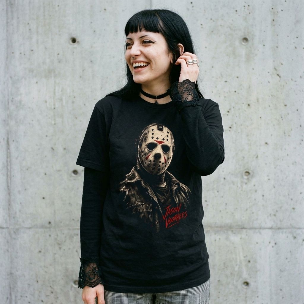 Model wearing Jason Voorhees Slasher Tee – Hockey Mask Horror Shirt against a cement wall