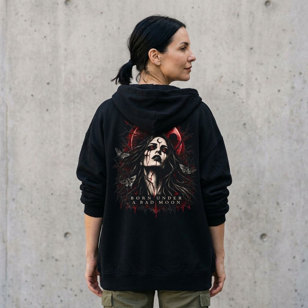 Model wearing Born Under A Bad Moon Graphic Zip Up Hoodie against a cement wall
