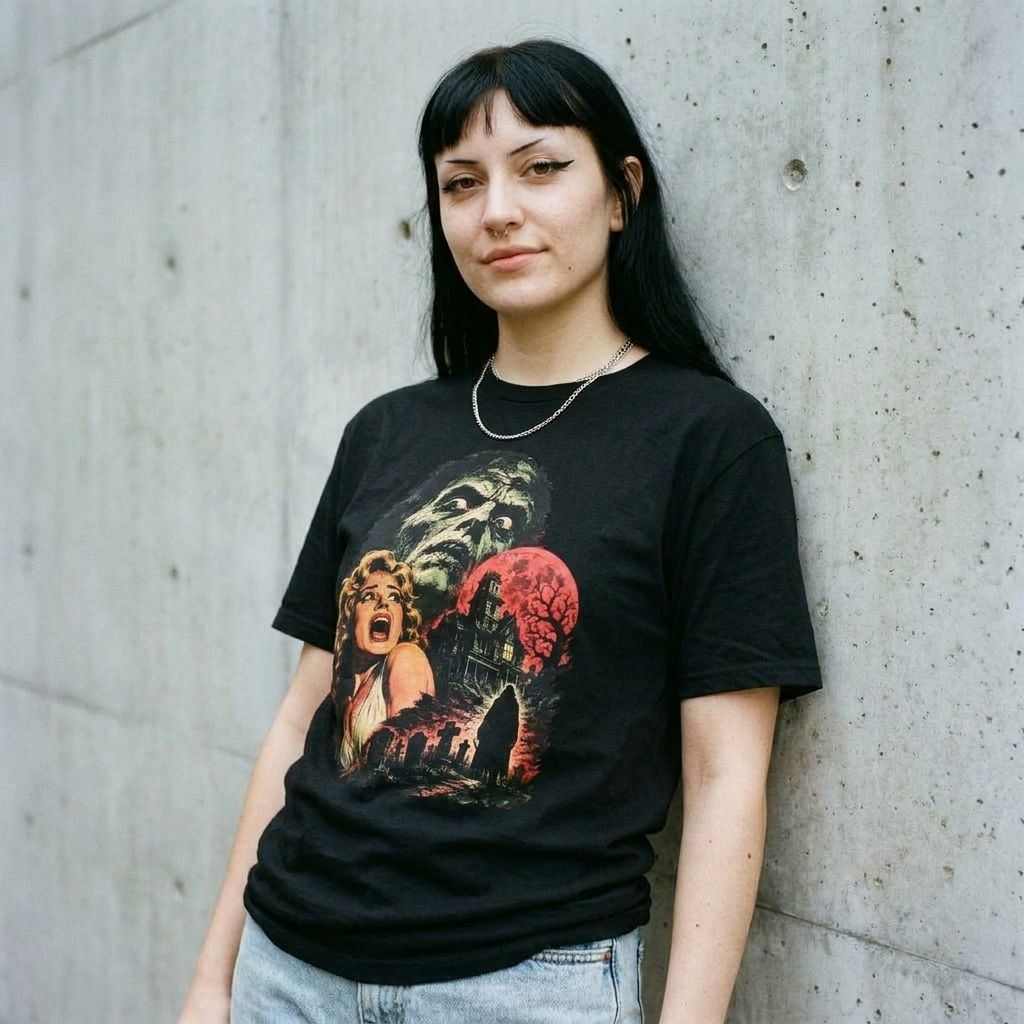 Model wearing Vintage Horror Movie Poster Tee against a cement wall