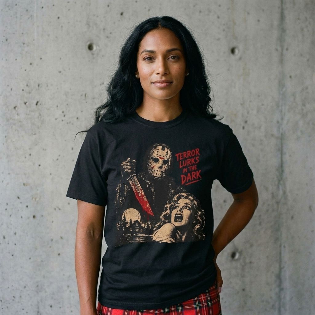 Model wearing Friday the 13th Vintage Poster Tee against a cement wall