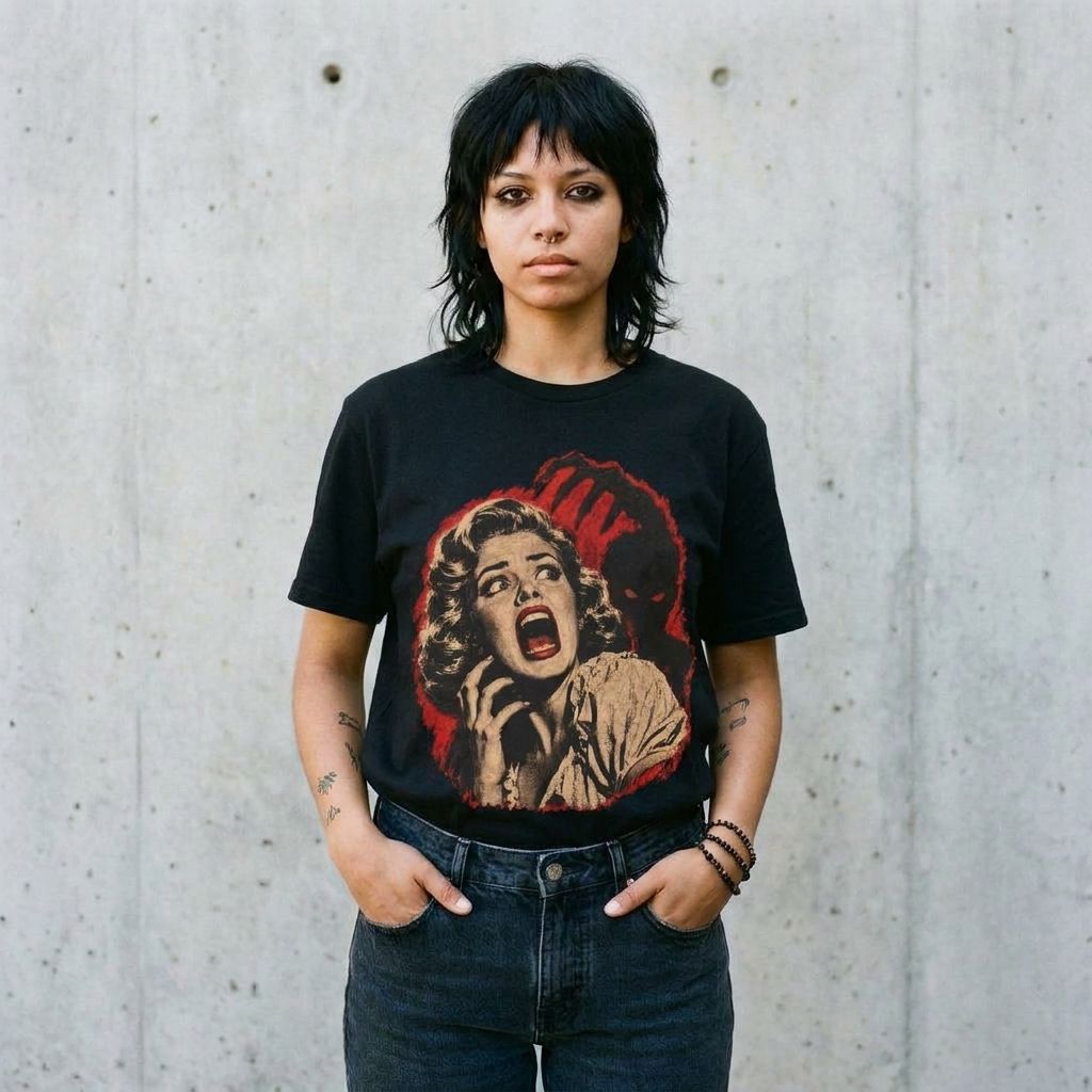 Model wearing Vintage Horror Movie Poster Tee against a cement wall