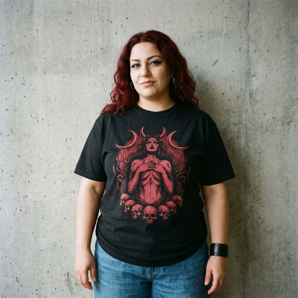 Model wearing Occult Demon Goddess T-Shirt against a cement wall