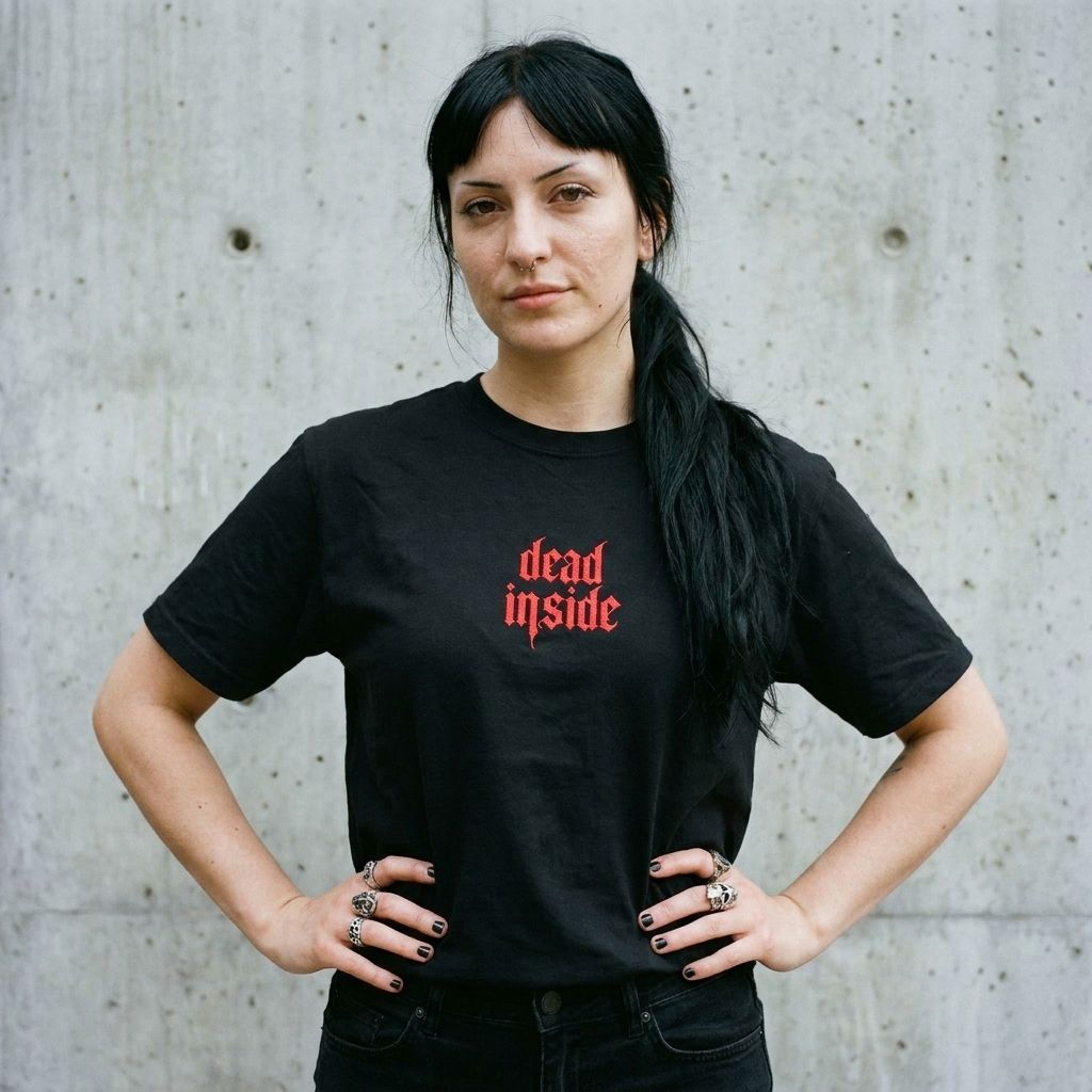 Model wearing Dead Inside Embroidered Goth Tee – Vintage Wash Relaxed Fit against a cement wall