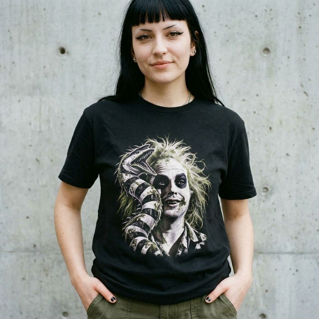 Model wearing Beetlejuice Portrait Tee against a cement wall