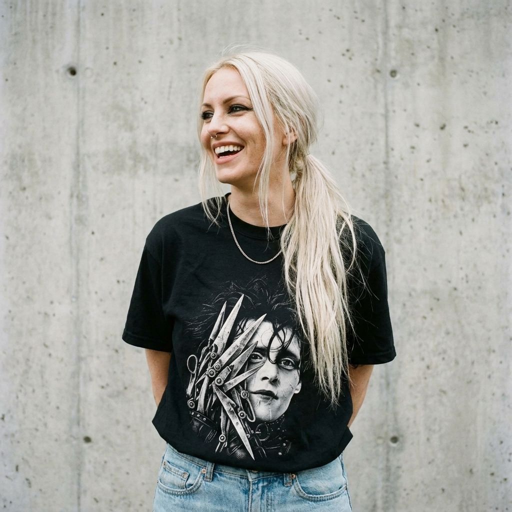 Model wearing Edward Scissorhands Portrait Tee against a cement wall