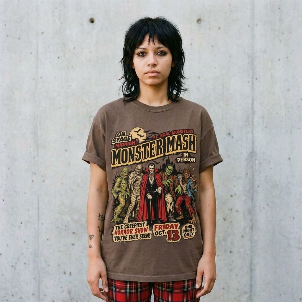 Model wearing Monster Mash Vintage Horror Tee against a cement wall