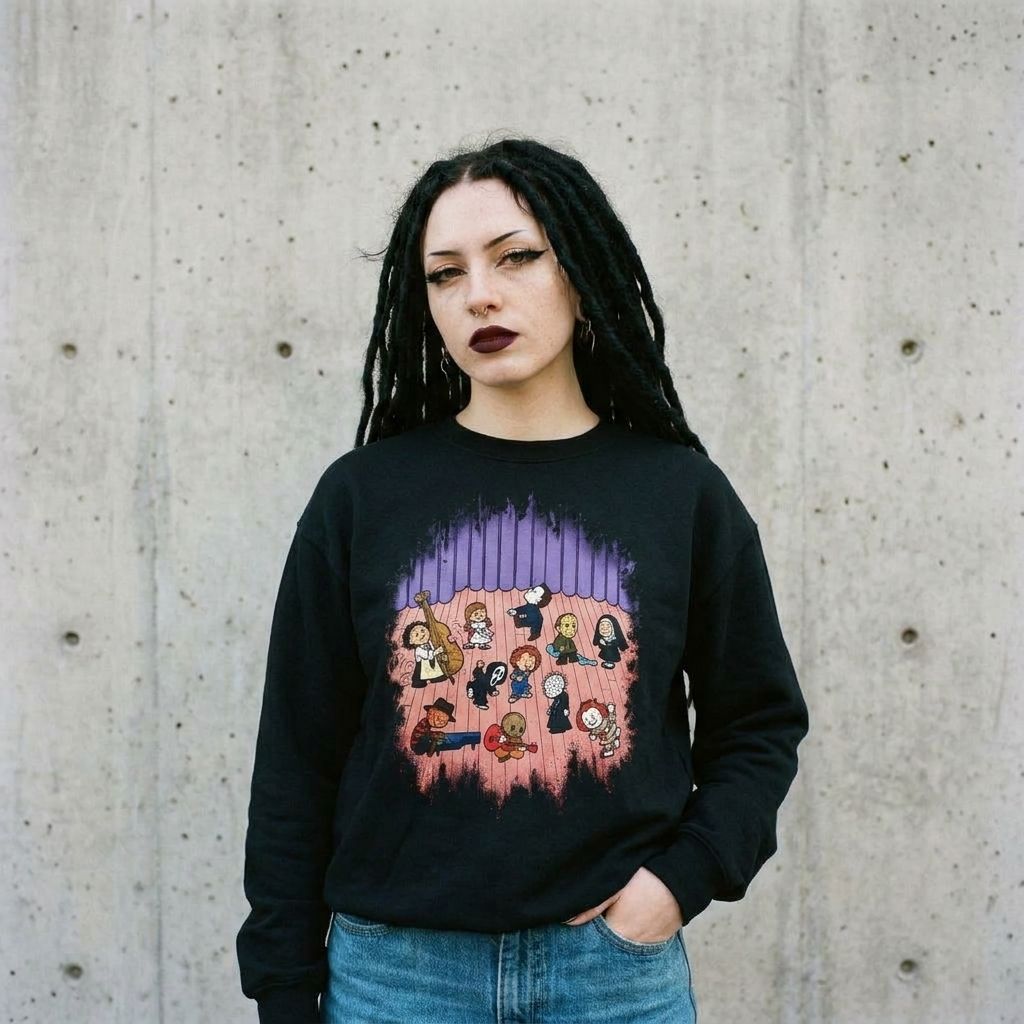 Model wearing Horror Characters Cartoon Parody Sweatshirt – Cute Slasher against a cement wall