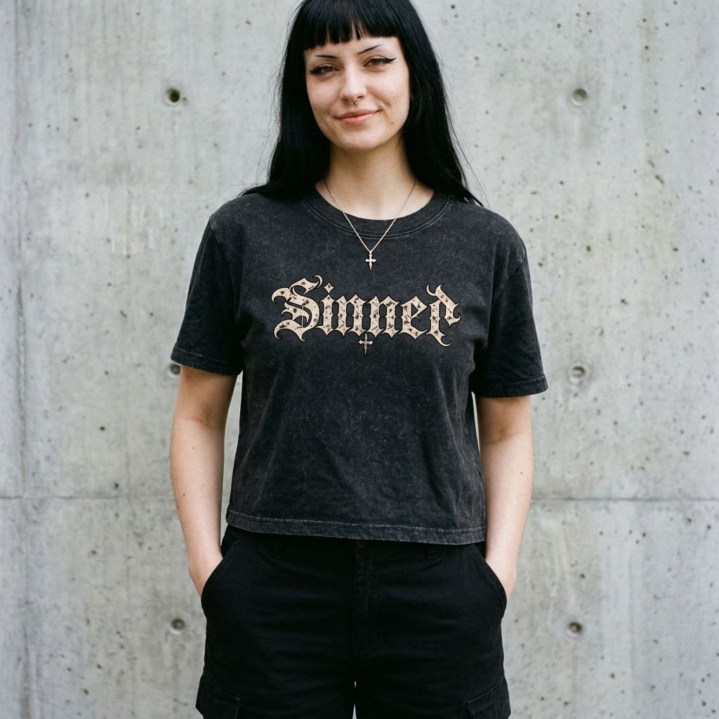 Model wearing Sinner Gothic Crop Top – Distressed Cross Boxy Tee against a cement wall