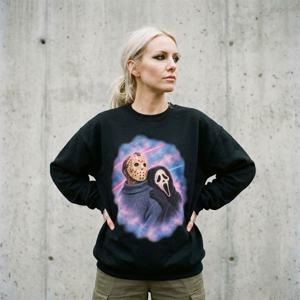 Model wearing Jason & Ghostface 80s Glamour Shot Sweatshirt – Retro Horror against a cement wall