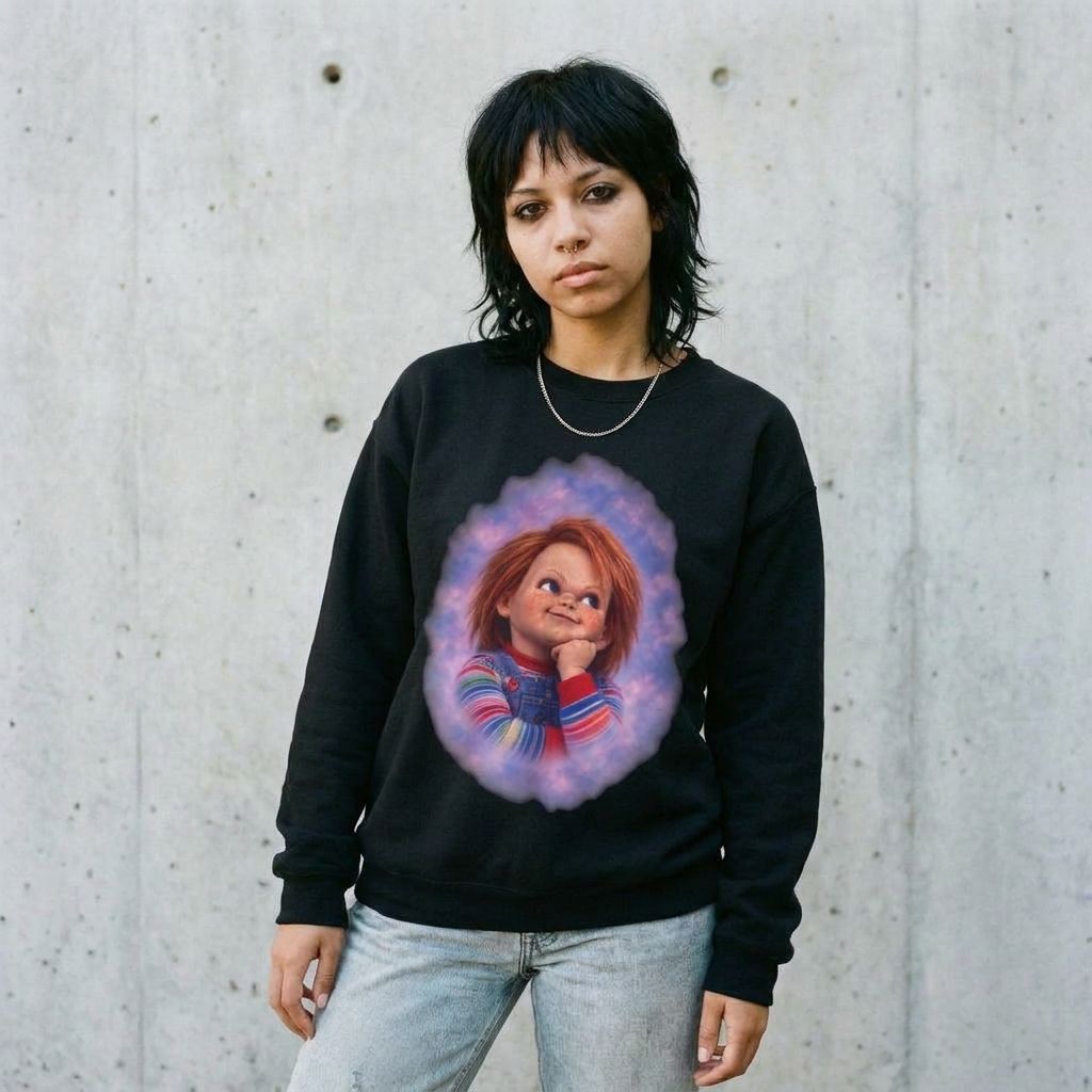Model wearing Chucky 80's Glamour Shot Sweatshirt against a cement wall