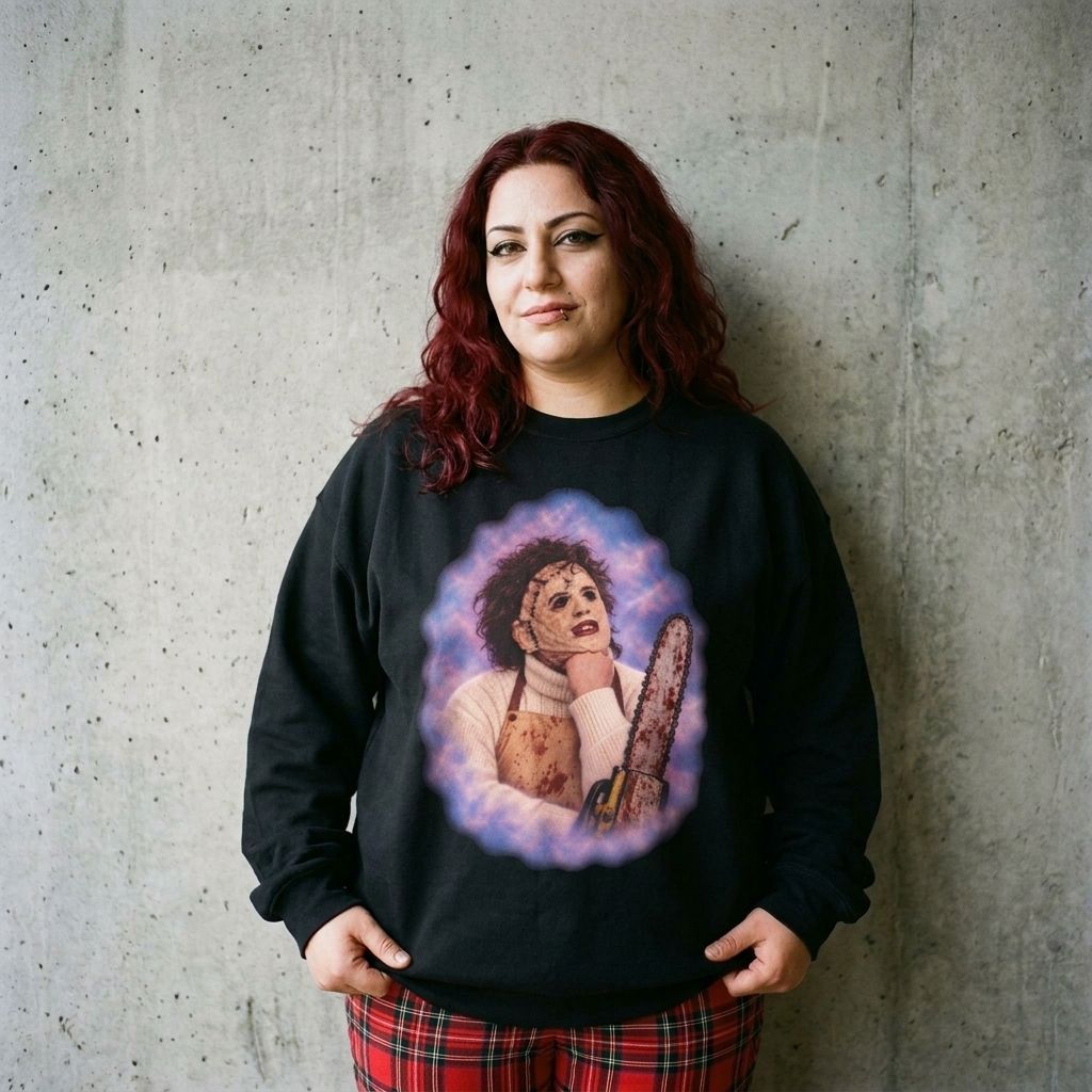 Model wearing Leatherface 80's Glamour Shot Sweatshirt against a cement wall