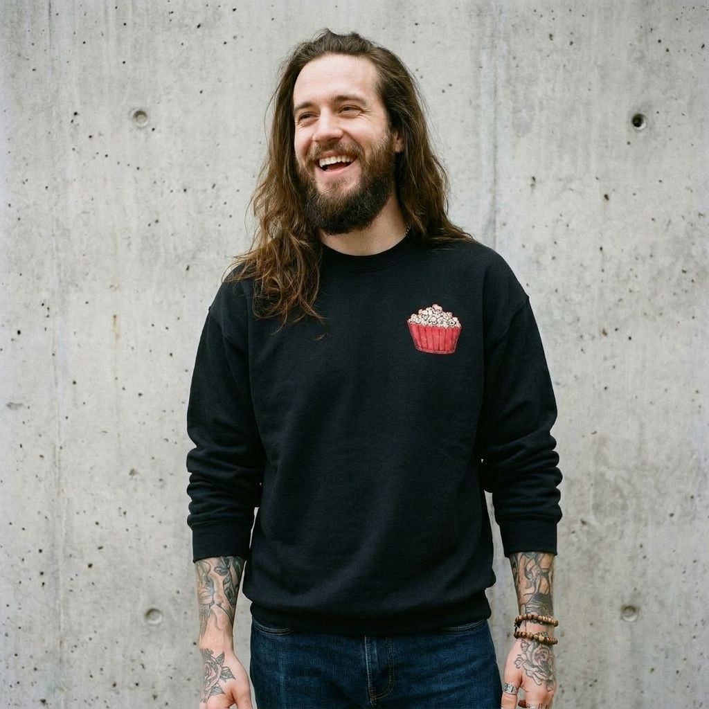 Model wearing Horror Movies and Chill Crewneck Sweatshirt against a cement wall