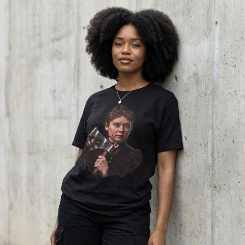 Model wearing Axe-Wielding Lizzie Borden Graphic Tee against a cement wall