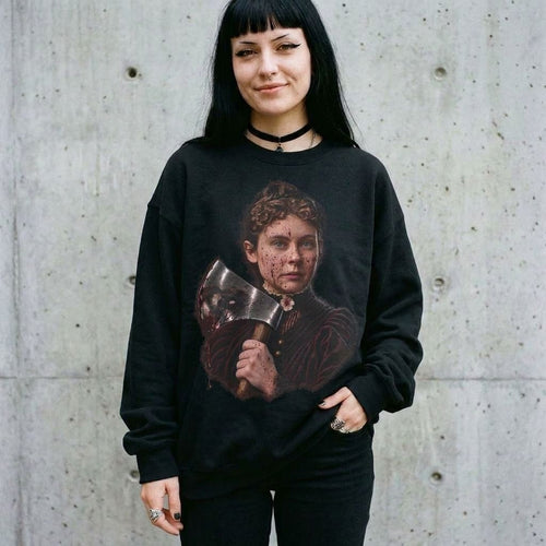 Model wearing Axe-Wielding Lizzie Borden Crewneck Sweatshirt against a cement wall