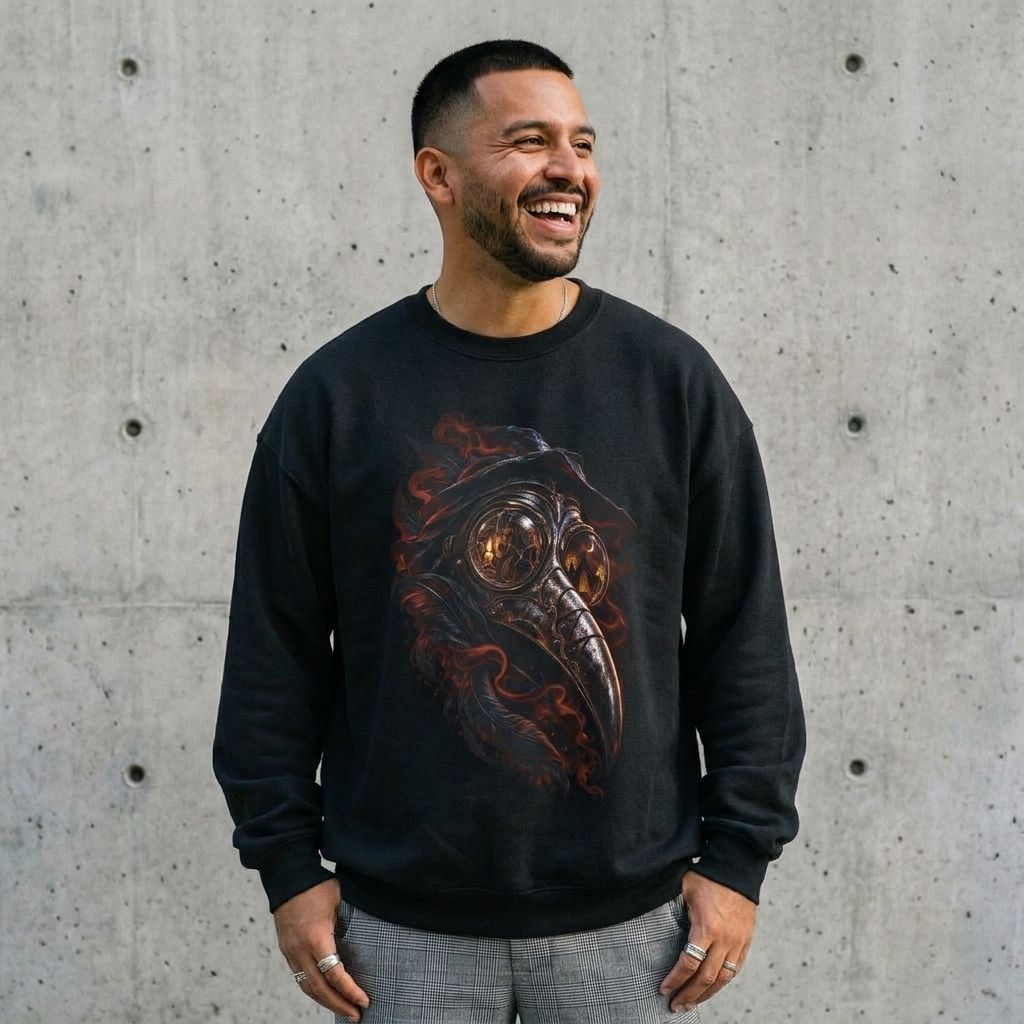 Model wearing Plague Doctor Mask Sweatshirt – Gothic Dark Art Crewneck against a cement wall