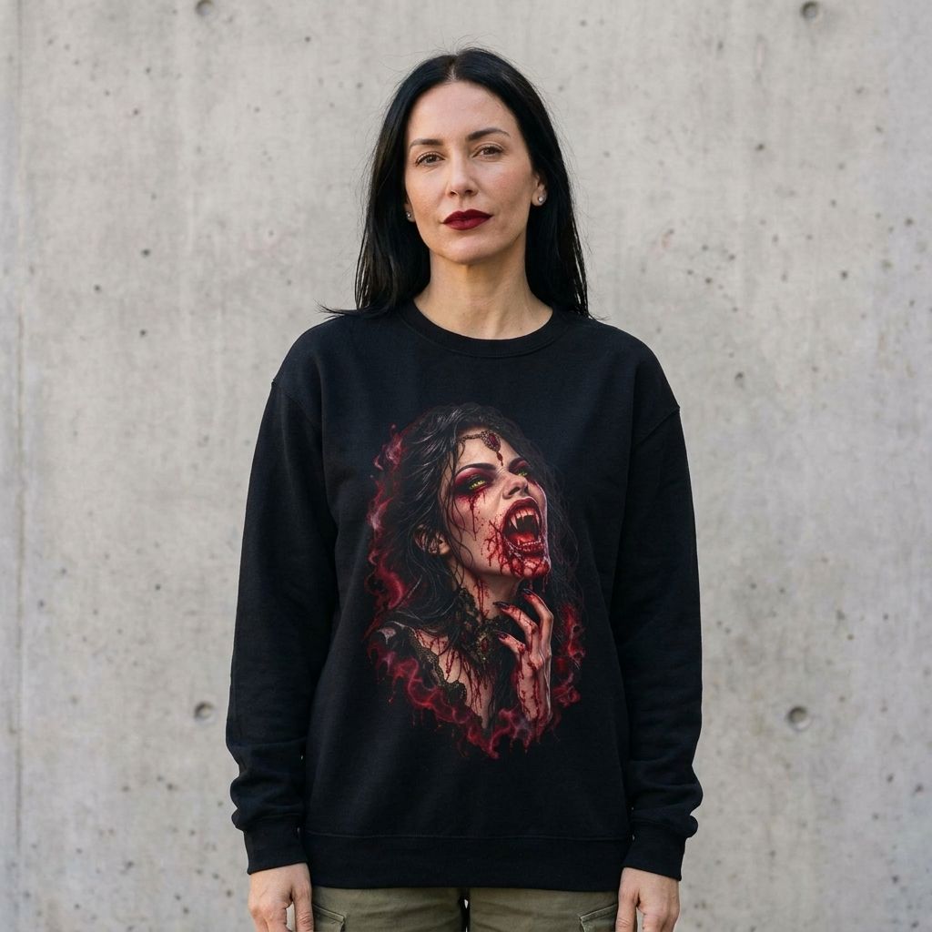 Model wearing Bloody Vampire Horror Sweatshirt – Crimson Portrait Crewneck against a cement wall
