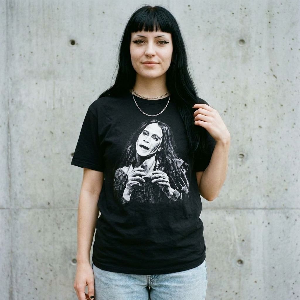 Model wearing Pet Sematary Sister Z Portrait Tee against a cement wall