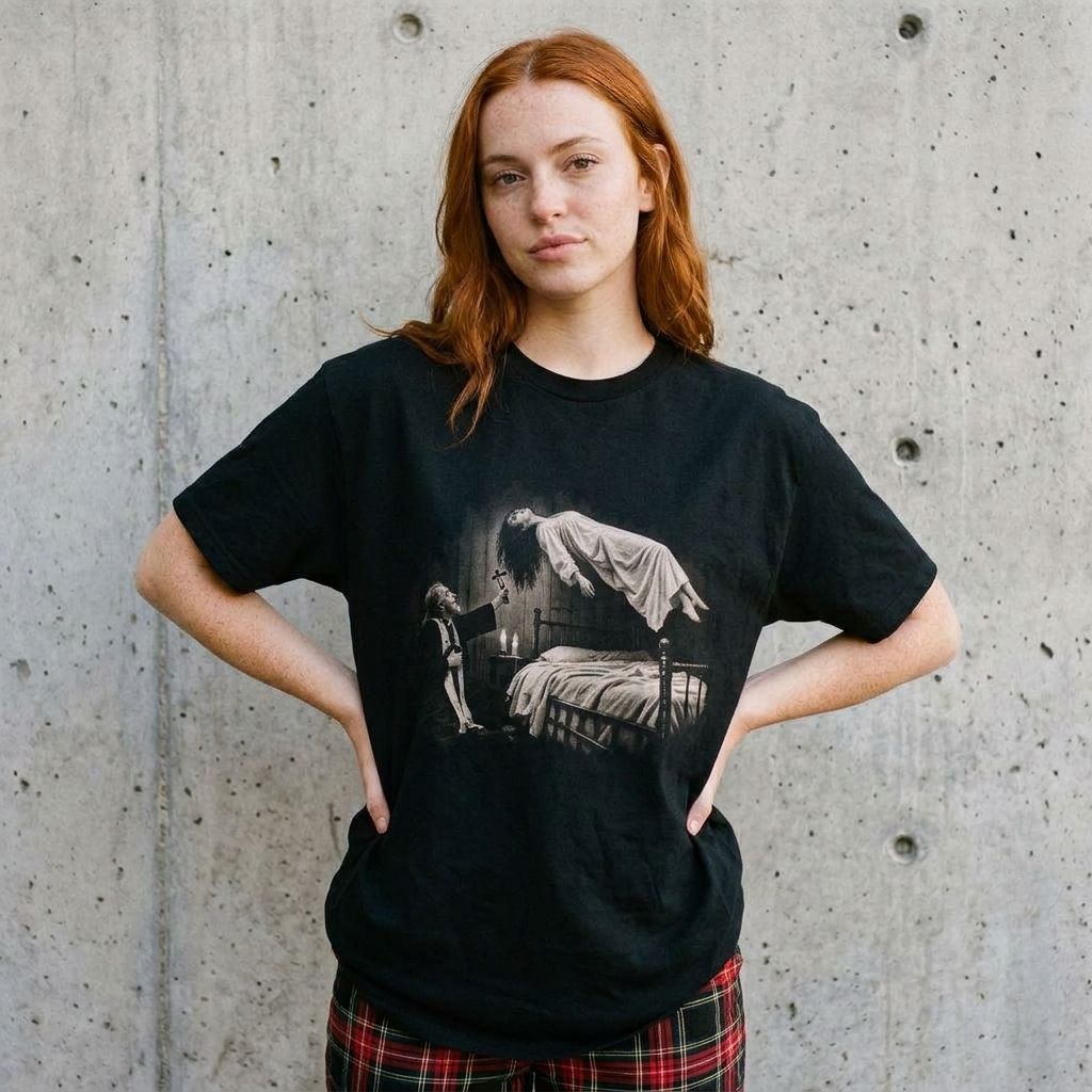 Model wearing Exorcism Levitation Graphic Tee against a cement wall