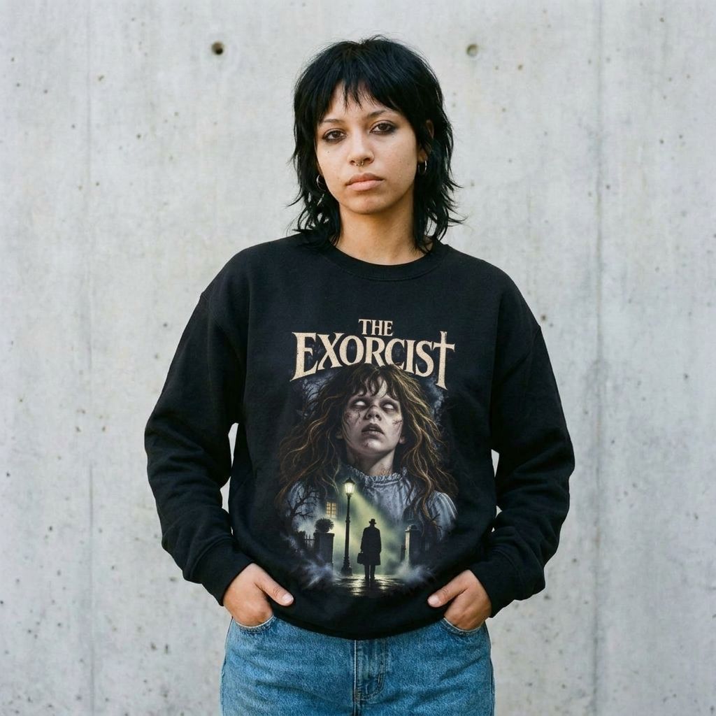 Model wearing The Exorcist Sweatshirt – Retro Horror Movie Crewneck against a cement wall