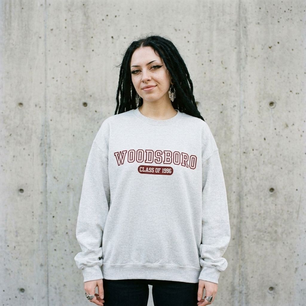 Model wearing Woodsboro Class of 1996 Scream Crewneck Sweatshirt against a cement wall