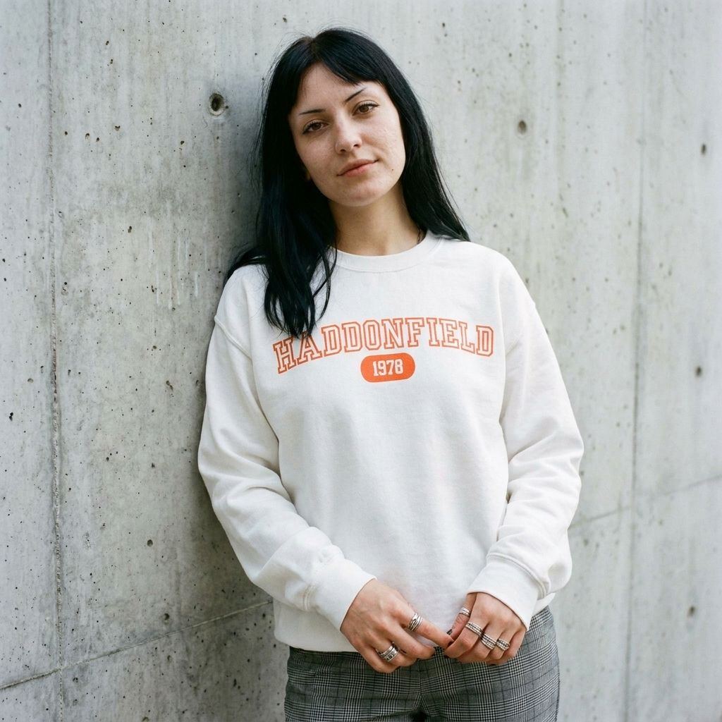 Model wearing Haddonfield 1978 Halloween Sweatshirt against a cement wall