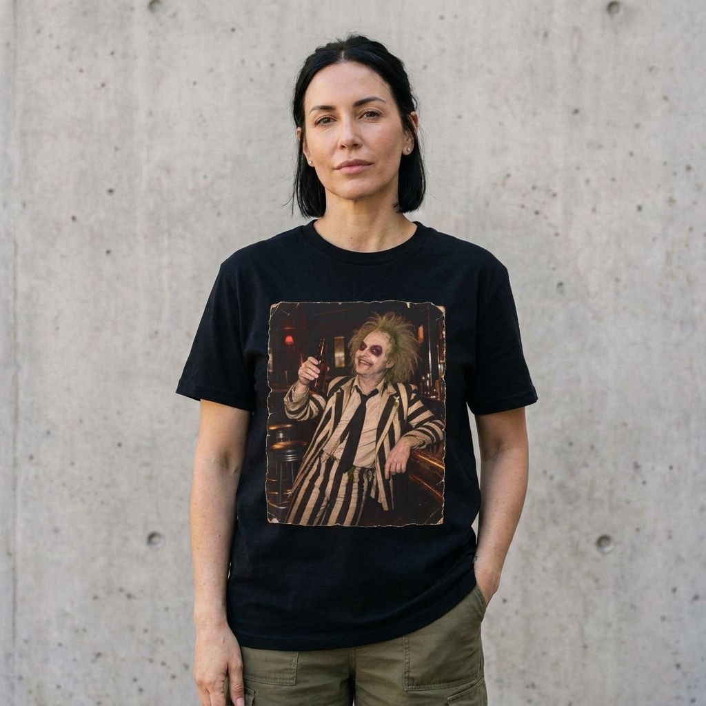Model wearing Beetlejuice-Inspired Striped Suit Portrait T-Shirt against a cement wall