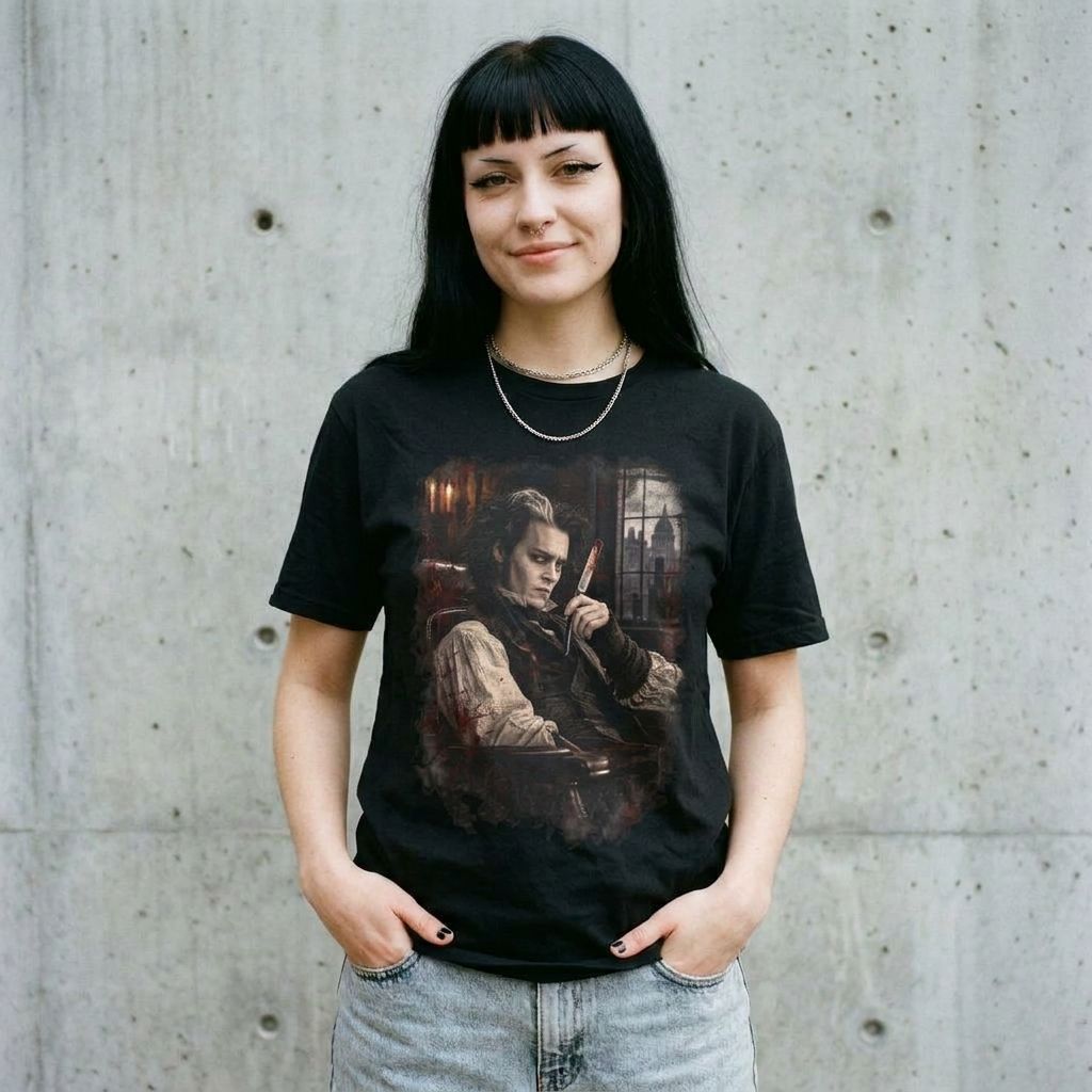 Model wearing Sweeney Todd Portrait T-Shirt against a cement wall