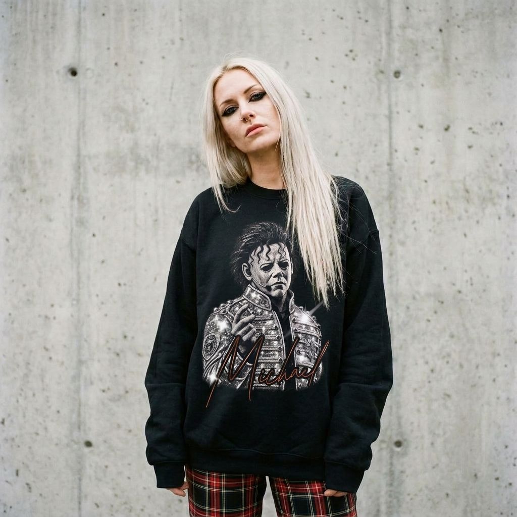 Model wearing Michael Myers Portrait Sweatshirt – Jackson-Inspired Music against a cement wall