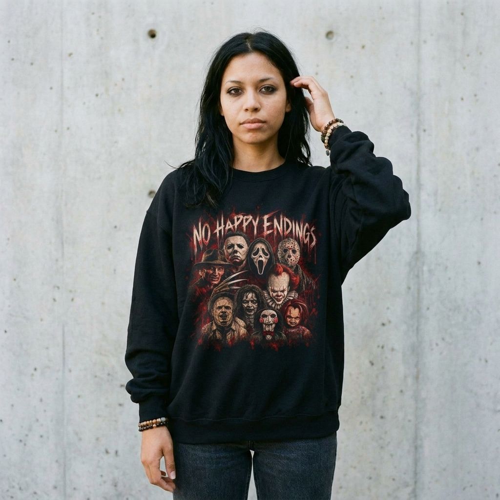 Model wearing In My Horror Era Crewneck Sweatshirt – Slasher Collage Sweater against a cement wall