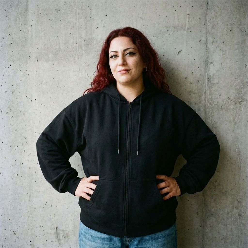 Model wearing Horror Icons Zip-Up Hoodie – Horror Movie Collage Hoodie against a cement wall