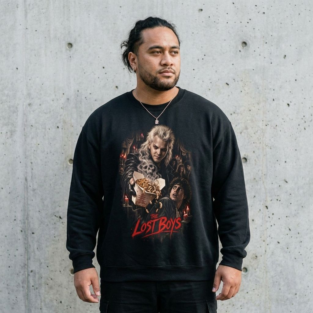 Model wearing The Lost Boys Crewneck Sweatshirt – Retro 80s Horror Sweater against a cement wall