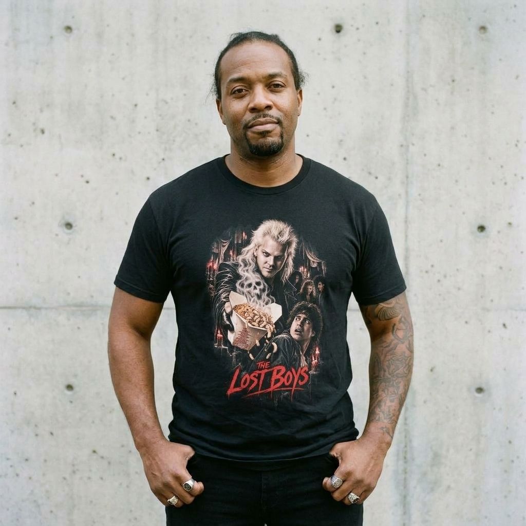 Model wearing The Lost Boys Graphic Tee – Retro 80s Horror Movie Shirt against a cement wall