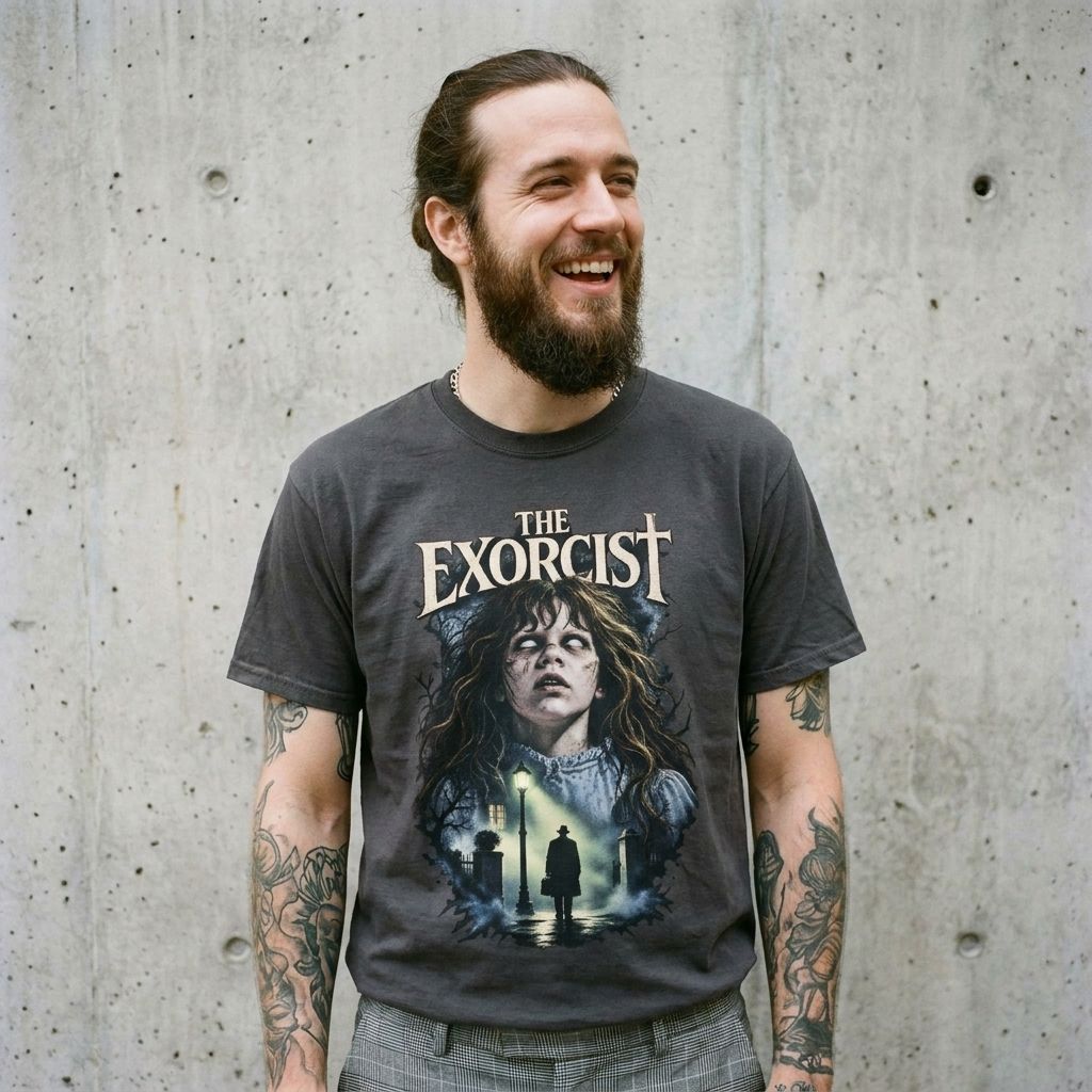 Model wearing The Exorcist Graphic Tee – Vintage Horror Movie Shirt against a cement wall