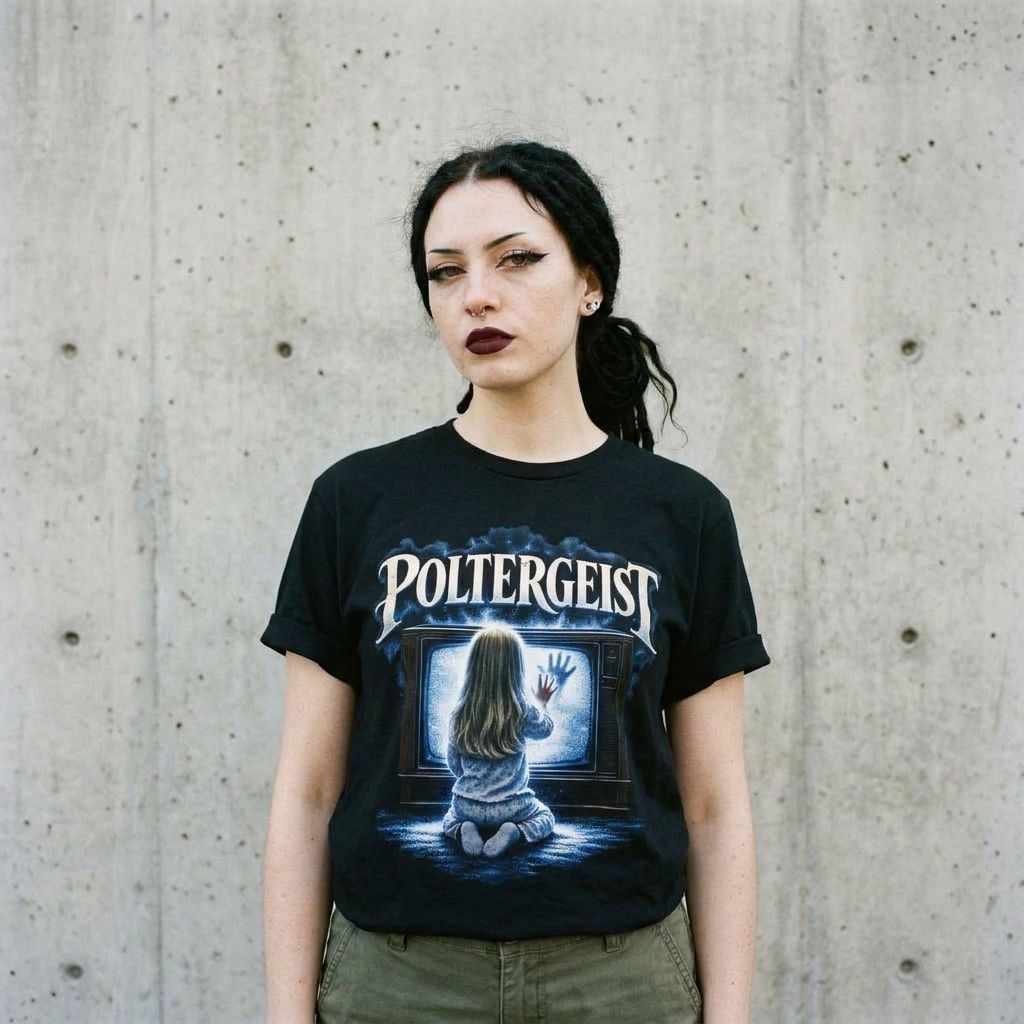 Model wearing Poltergeist Graphic Tee – Vintage Horror Movie Shirt against a cement wall