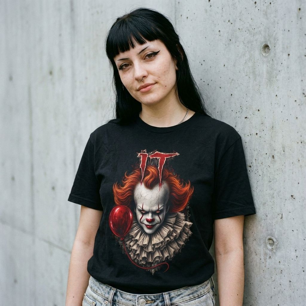 Model wearing Pennywise the Clown (IT) Graphic Tee – Creepy Clown Horror Shirt against a cement wall