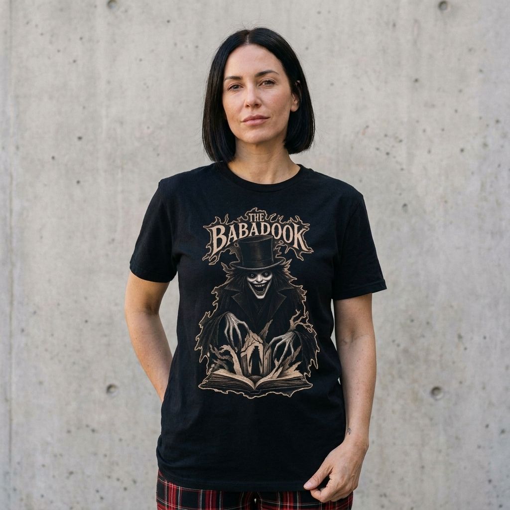 Model wearing The Babadook Graphic Tee – Vintage Horror Shirt against a cement wall