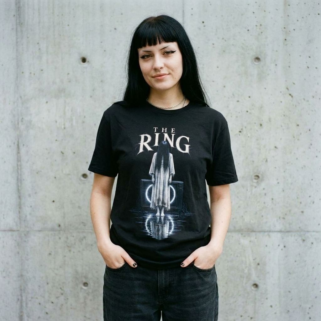Model wearing The Ring Graphic Tee – VHS Horror Movie Shirt against a cement wall