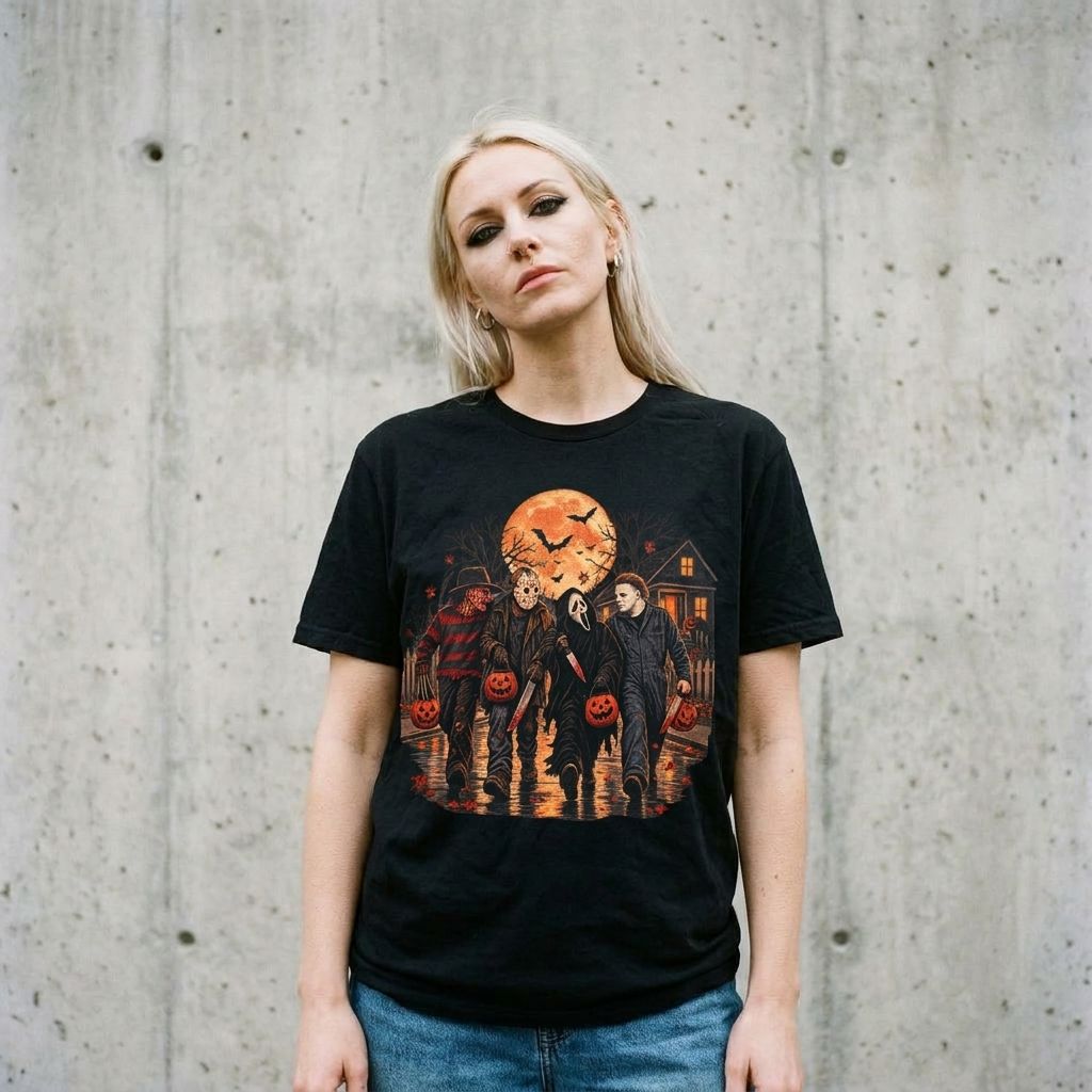 Model wearing Horror Icons Halloween Tee – Moonlit Slasher Graphic Shirt against a cement wall