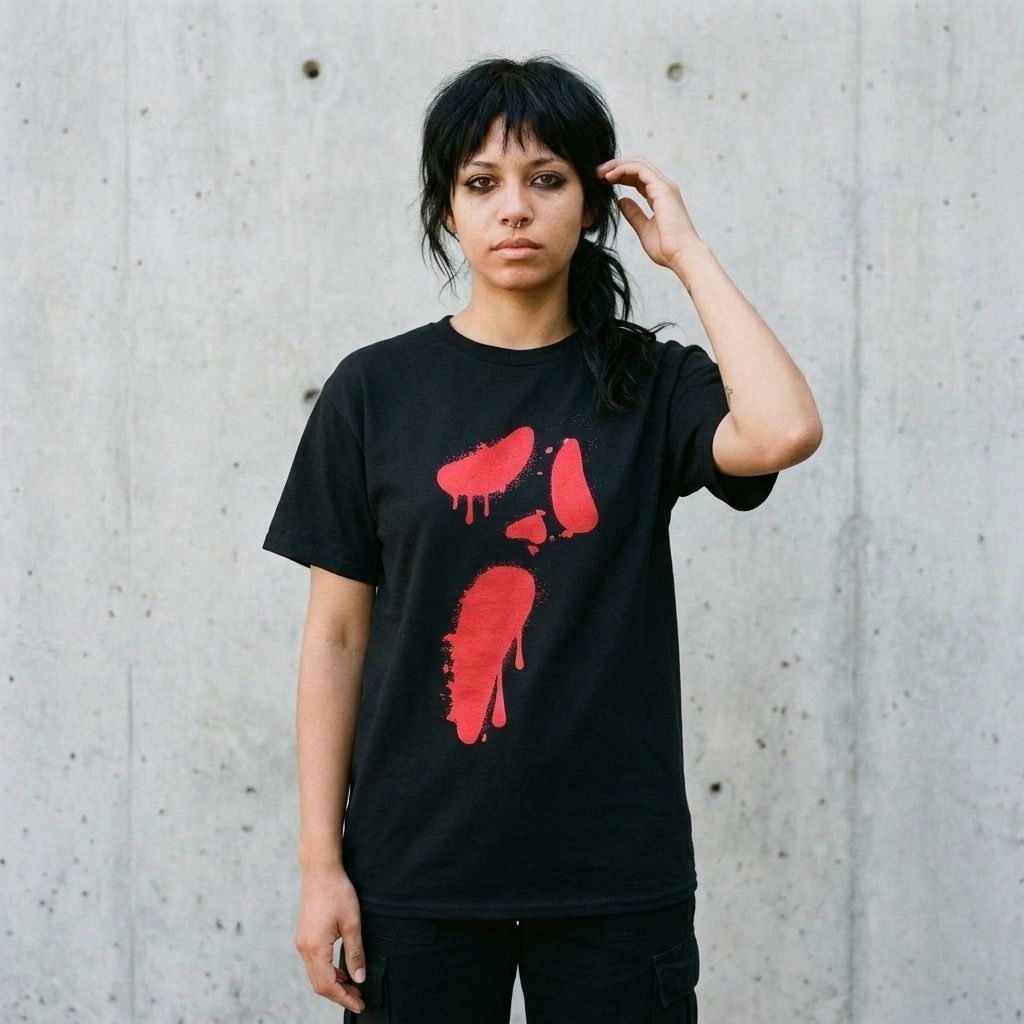 Model wearing Bloody Ghostface Graphic Tee – Distressed Horror Shirt against a cement wall