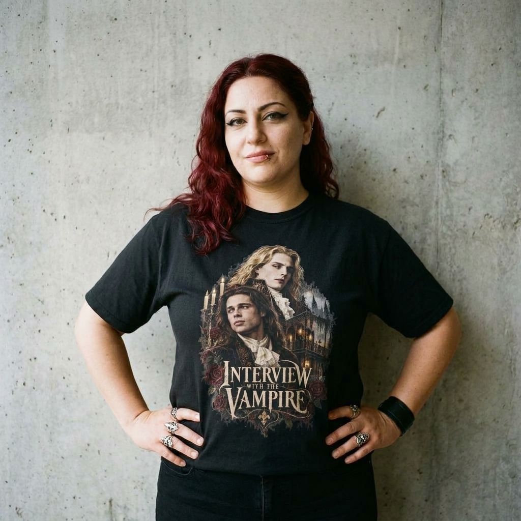 Model wearing Interview with the Vampire Graphic Tee – Gothic Movie Shirt against a cement wall