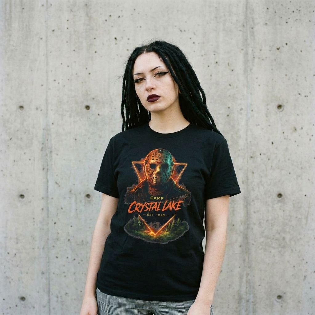 Model wearing Jason Mask Camp Crystal Lake Tee – Retro Horror Shirt against a cement wall