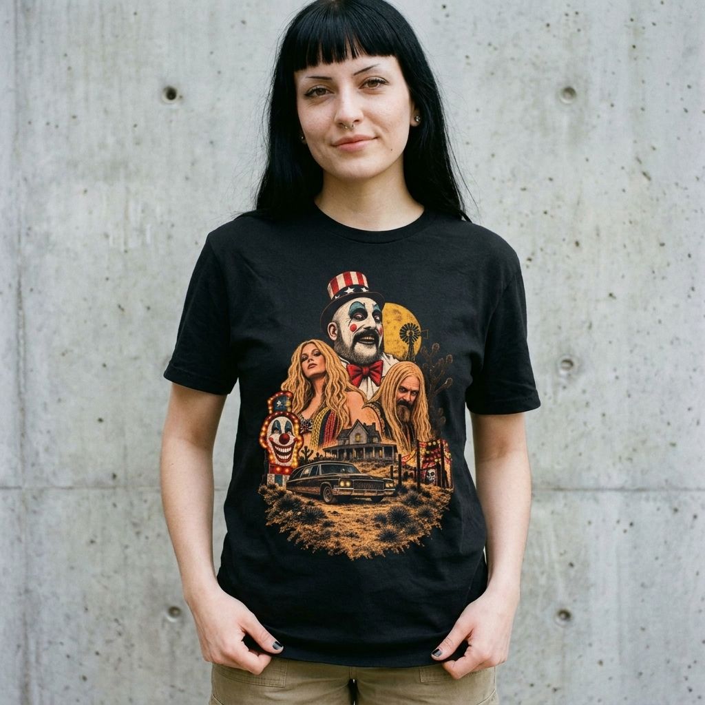 Model wearing Captain Spaulding Horror Tee – Retro Clown Collage Shirt against a cement wall