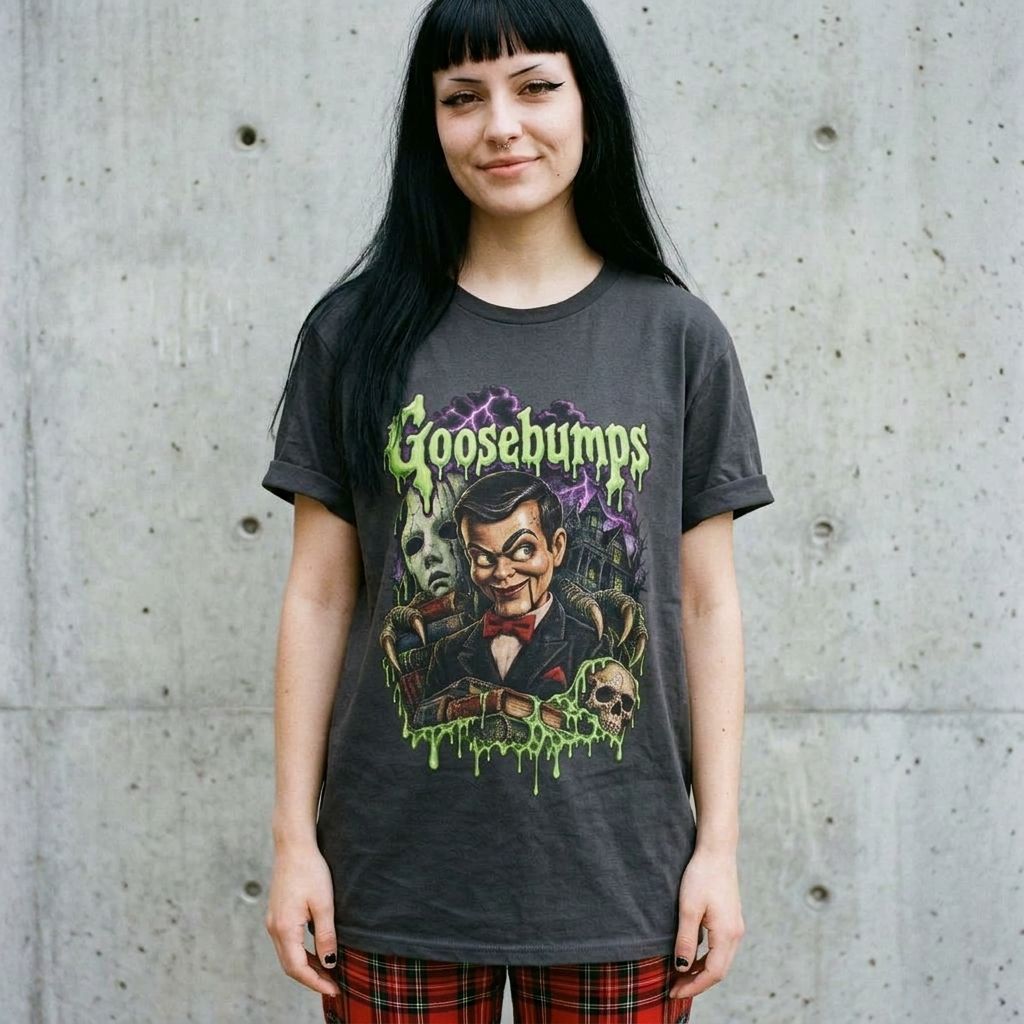 Model wearing Goosebumps Graphic Tee – Retro 90s Horror Book Shirt against a cement wall