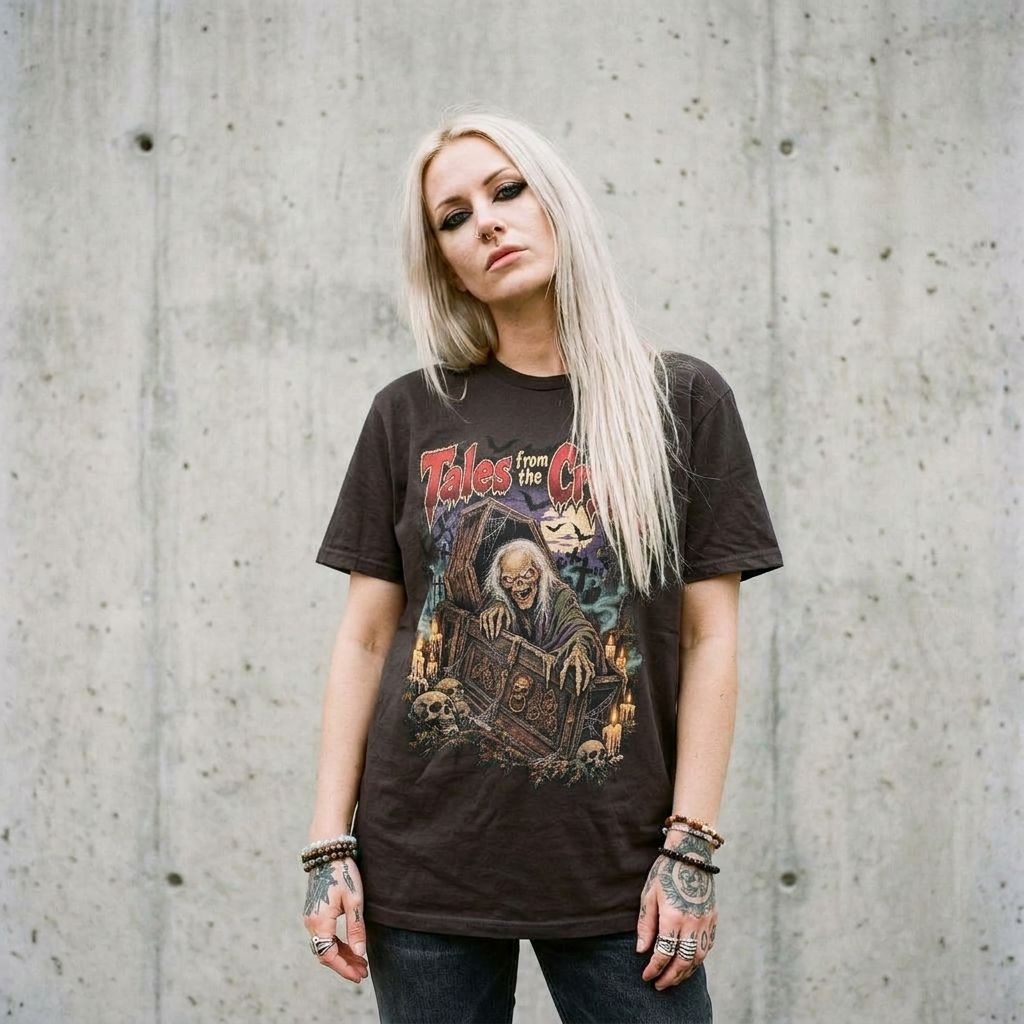 Model wearing Tales from the Crypt Horror Tee – Vintage Gothic Shirt against a cement wall