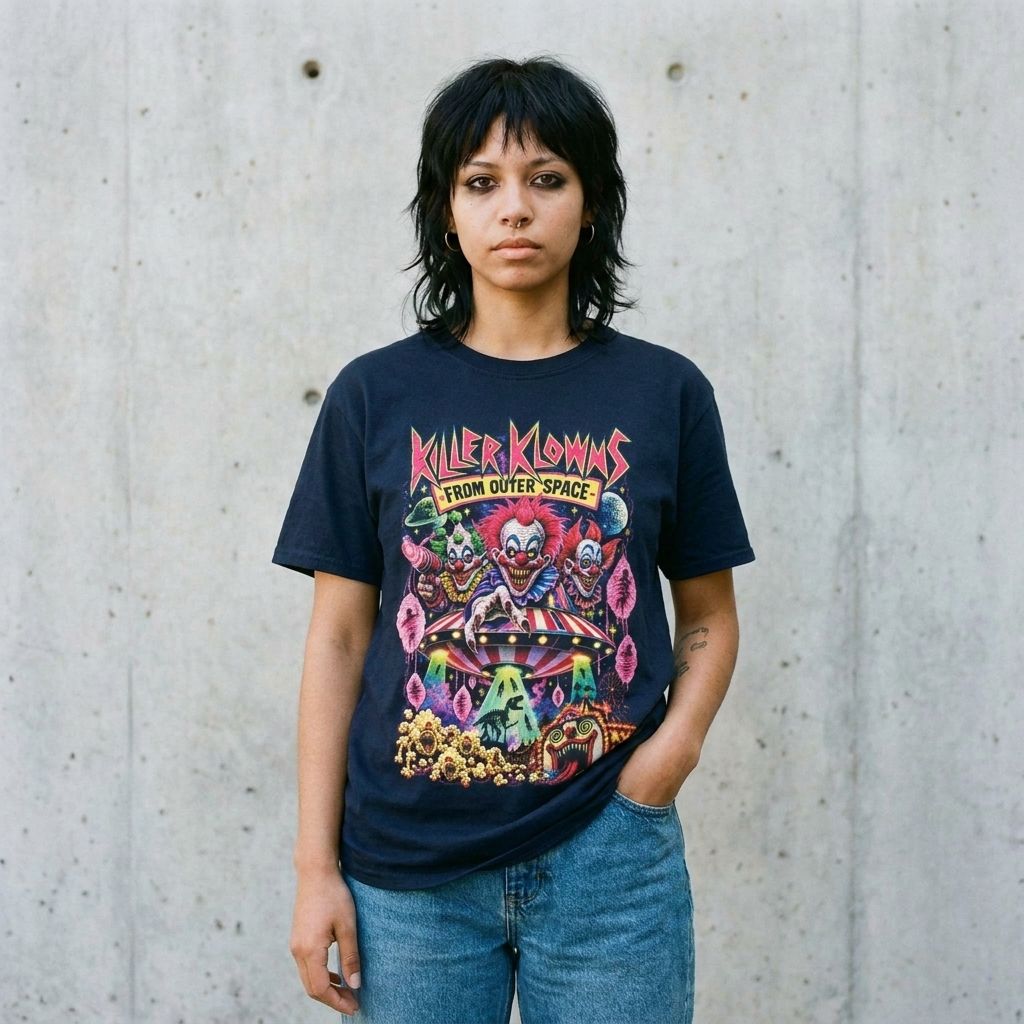 Model wearing Killer Klowns From Outer Space Tee – Retro 80s Horror Shirt against a cement wall