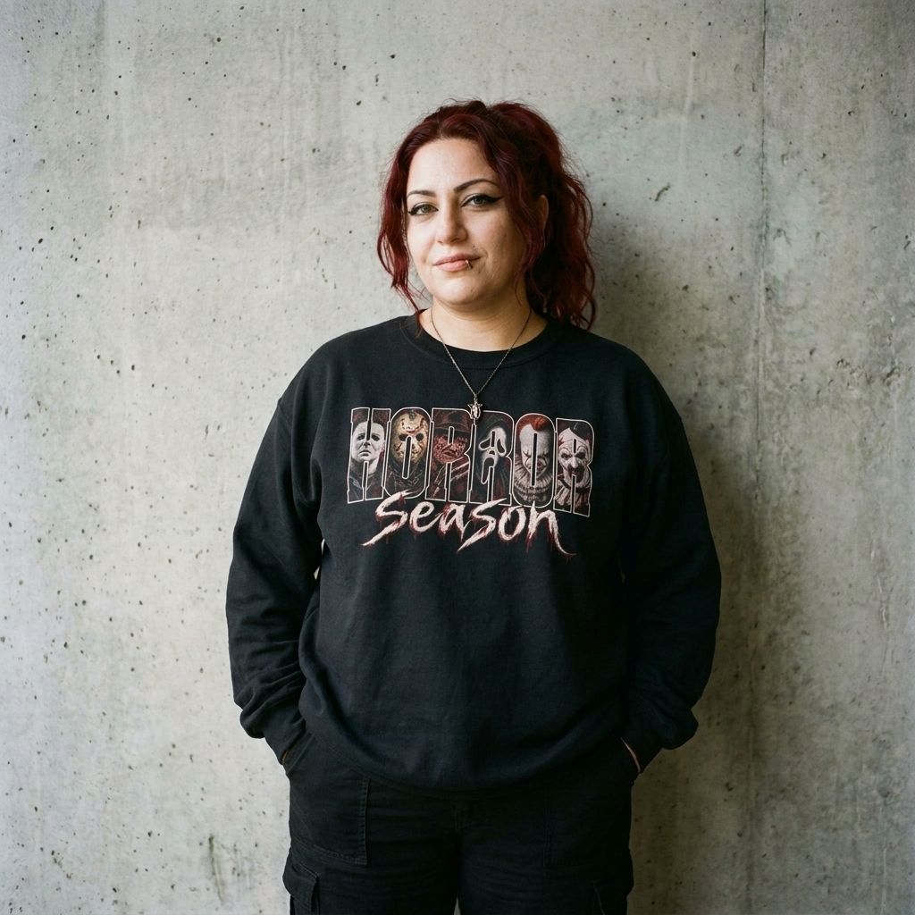 Model wearing Horror Season Sweatshirt – Distressed Spooky Crewneck against a cement wall
