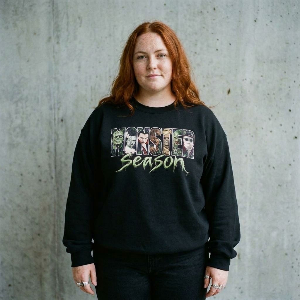 Model wearing Monster Season Sweatshirt – Vintage Creature Feature Crewneck against a cement wall